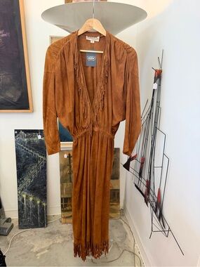Vintage Maglia Suede Fringe Maxi Dress in Brown